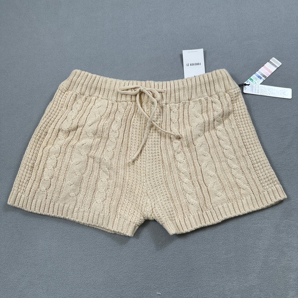 Forever 21 Pantone M Womens Cable Knit Shorts Sand Beige Drawstring Waist Casual